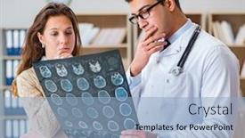  Presentation with computer tomography - Theme featuring young-doctor-looking-at-computer background and a light blue colored foreground