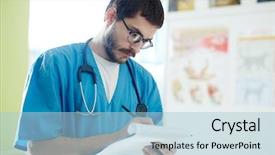  Presentation with prescription - Slide set consisting of young doctor making notes background and a light blue colored foreground