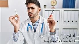  Presentation with medical concept - PPT theme enhanced with young-doctor-man-holding-electronic background and a light blue colored foreground