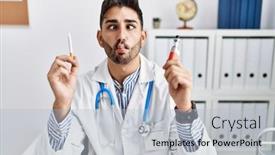  Presentation with electronic - PPT layouts featuring young-doctor-man-holding-electronic background and a light blue colored foreground