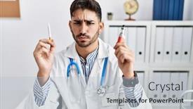  Presentation with healthcare person saving medical - Slide deck enhanced with young-doctor-man-holding-electronic background and a light blue colored foreground