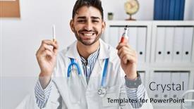  Presentation with electronic - Slide deck featuring young-doctor-man-holding-electronic background and a light blue colored foreground