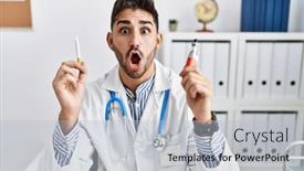  Presentation with electronic - Presentation theme consisting of young-doctor-man-holding-electronic background and a light blue colored foreground