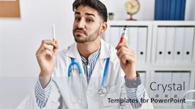  Presentation with medical smiling doctor - PPT theme with young-doctor-man-holding-electronic background and a  colored foreground