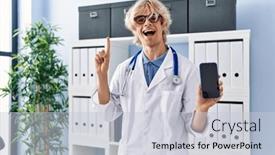  Presentation with smartphone - PPT layouts with young-doctor-man-showing-smartphone background and a lemonade colored foreground