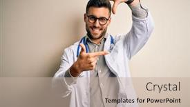  Presentation with medical smiling doctor - Slide set featuring young-doctor-man-wearing-glasses background and a mint green colored foreground