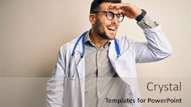  Presentation with medical smiling doctor - Amazing PPT theme having young-doctor-man-wearing-glasses backdrop and a soft green colored foreground