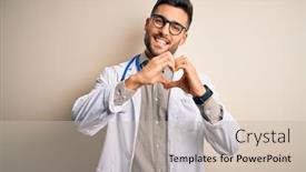  Presentation with medical heart - Audience pleasing presentation theme consisting of young-doctor-man-wearing-glasses backdrop and a soft green colored foreground