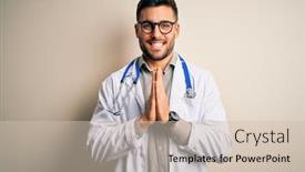  Presentation with medical robot hand and doctor - Slide set enhanced with young-doctor-man-wearing-glasses background and a soft green colored foreground