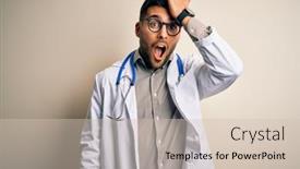  Presentation with medical error - PPT theme enhanced with young-doctor-man-wearing-glasses background and a soft green colored foreground