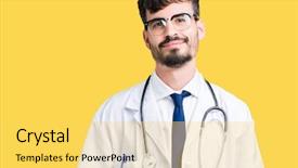  Presentation with doctor in hospital health insurance related icons healthcare person saving medical - Amazing presentation theme having young doctor man wearing hospital backdrop and a  colored foreground