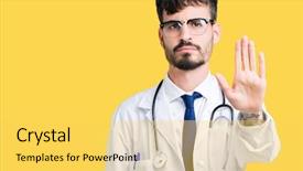  Presentation with doctor in hospital health insurance related icons healthcare person saving medical - PPT theme consisting of young doctor man wearing hospital background and a  colored foreground