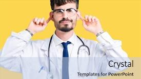  Presentation with doctor in hospital health insurance related icons healthcare person saving medical - Slide deck with young doctor man wearing hospital background and a light blue colored foreground