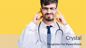  Presentation with hospital - Slide set consisting of young doctor man wearing hospital background and a  colored foreground