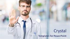  Presentation with hand palm - PPT theme enhanced with young doctor man wearing hospital background and a  colored foreground