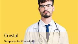  Presentation with doctor in hospital health insurance related icons healthcare person saving medical - Slide deck featuring young doctor man wearing hospital background and a yellow colored foreground