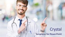  Presentation with doctor in hospital health insurance related icons healthcare person saving medical - PPT theme consisting of young doctor man wearing hospital background and a  colored foreground