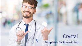  Presentation with hospital - Slide set with young doctor man wearing hospital background and a  colored foreground