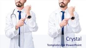  Presentation with collage medical - Slide set consisting of young doctor man wearing medical background and a  colored foreground