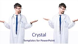  Presentation with medical smiling doctor - Colorful presentation theme enhanced with young doctor man wearing medical backdrop and a sky blue colored foreground