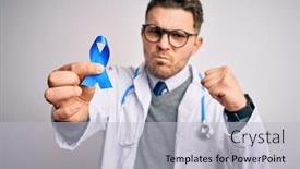  Presentation with colon cancer - Presentation design having young-doctor-man-wearing-medical background and a light gray colored foreground