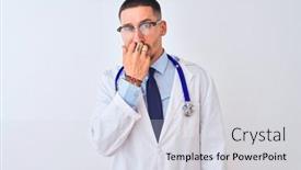  Presentation with nails - PPT theme consisting of young doctor man wearing stethoscope over isolated background looking stressed and nervous with hands on mouth biting nails anxiety problem background and a light gray colored foreground