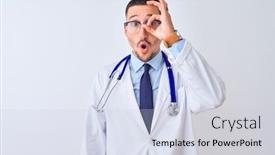  Presentation with eye doctor - PPT layouts having young doctor man wearing stethoscope over isolated background doing ok gesture shocked with surprised face eye looking through fingers unbelieving expression background and a lemonade colored foreground