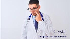  Presentation with eye doctor - Colorful presentation enhanced with young doctor man wearing stethoscope over isolated background pointing to the eye watching you gesture suspicious expression backdrop and a lemonade colored foreground