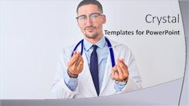  Presentation with salary - Amazing presentation theme having young doctor man wearing stethoscope over isolated background doing money gesture with hands asking for salary payment millionaire business backdrop and a sky blue colored foreground