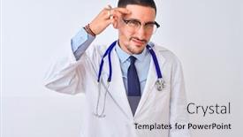  Presentation with skin doctor - PPT theme with young-doctor-man-wearing-stethoscope background and a light gray colored foreground