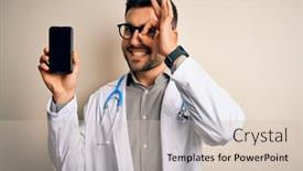  Presentation with eye doctor - Presentation theme having young-doctor-man-wearing-stethoscope background and a soft green colored foreground