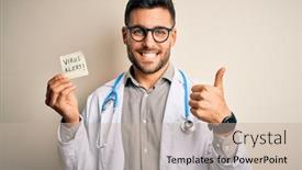  Presentation with alert - Cool new slide set with young-doctor-man-wearing-stethoscope backdrop and a mint green colored foreground