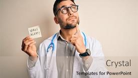  Presentation with alert - Cool new slide deck with young-doctor-man-wearing-stethoscope backdrop and a soft green colored foreground