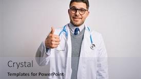  Presentation with blue eyes - Cool new PPT theme with young-doctor-man-with-blue backdrop and a light gray colored foreground