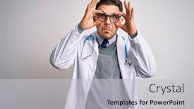  Presentation with blue eyes - Audience pleasing theme consisting of young-doctor-man-with-blue backdrop and a light gray colored foreground