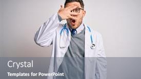  Presentation with blue eyes - PPT theme with young-doctor-man-with-blue background and a gray colored foreground