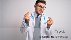  Presentation with medical business - Presentation design enhanced with young-doctor-man-with-blue background and a light gray colored foreground