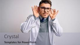  Presentation with blue eyes - PPT theme featuring young-doctor-man-with-blue background and a light gray colored foreground