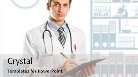  Presentation with clipboard stethoscope - PPT theme having young doctor man with stethoscope and clipboard against different backgrounds background and a light gray colored foreground