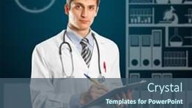  Presentation with clipboard stethoscope - Slides having young doctor man with stethoscope and clipboard against different backgrounds background and a ocean colored foreground