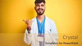  Presentation with tattoo - Amazing PPT theme having young doctor man with tattoo wearing id card standing over isolated yellow background smiling with happy face looking and pointing to the side with thumb up backdrop and a yellow colored foreground