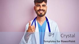  Presentation with tattoo - Beautiful slide deck featuring young doctor man with tattoo wearing stethocope standing over isolated pink background doing happy thumbs up gesture with hand approving expression looking at the camera with showing success backdrop and a light blue colored foreground