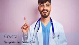  Presentation with tattoo - Cool new slide set with young doctor man with tattoo wearing stethocope standing over isolated pink background pointing finger up with successful idea exited and happy number one backdrop and a light blue colored foreground