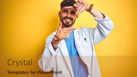  Presentation with tattoo - Cool new PPT theme with young doctor man with tattoo standing over isolated yellow background smiling making frame with hands and fingers with happy face creativity and photography concept backdrop and a gold colored foreground