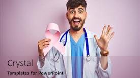  Presentation with pink ribbon hands - Cool new slide deck with young-doctor-man-with-tattoo backdrop and a coral colored foreground