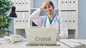  Presentation with working - Presentation design enhanced with young-doctor-man-working background and a light gray colored foreground