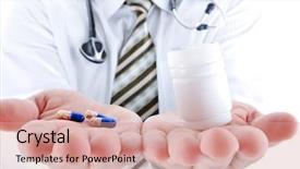  Presentation with pill bottle - Amazing PPT theme having young doctor offering pill backdrop and a coral colored foreground