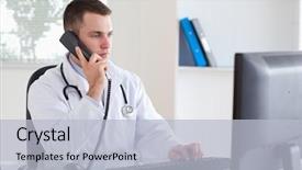  Presentation with telephone - PPT theme featuring young doctor on the telephone background and a light blue colored foreground