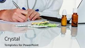  Presentation with prescription medication - Slide set consisting of young doctor prescribes medication prescription background and a light gray colored foreground