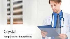  Presentation with history - Presentation with young doctor reading a case history background and a cream colored foreground